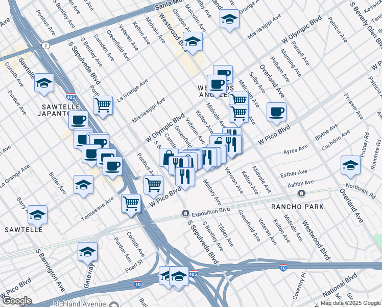 map of restaurants, bars, coffee shops, grocery stores, and more near 2321 Greenfield Avenue in Los Angeles