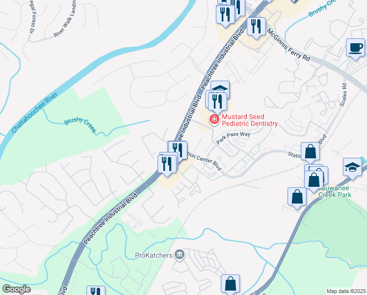 map of restaurants, bars, coffee shops, grocery stores, and more near 1500 Station Center Boulevard in Suwanee