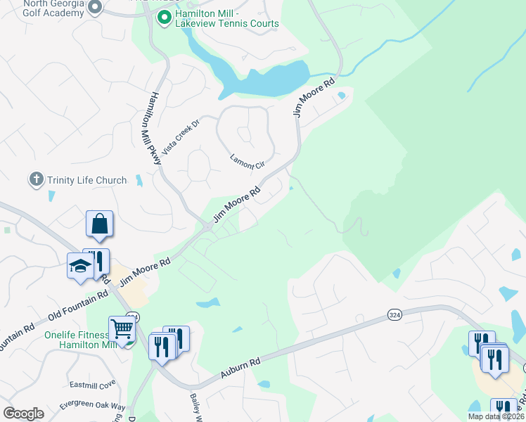 map of restaurants, bars, coffee shops, grocery stores, and more near 3245 Thimbleberry Trail in Dacula