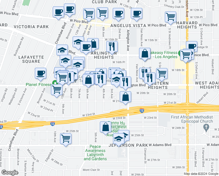 map of restaurants, bars, coffee shops, grocery stores, and more near 3300 West Washington Boulevard in Los Angeles