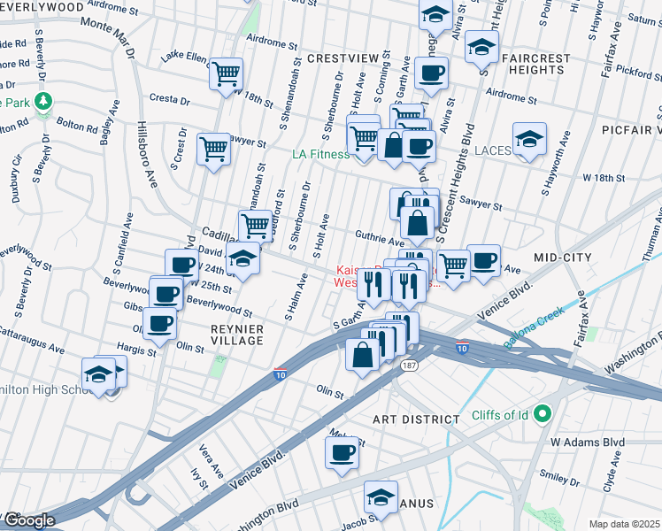 map of restaurants, bars, coffee shops, grocery stores, and more near 2050 South Holt Avenue in Los Angeles