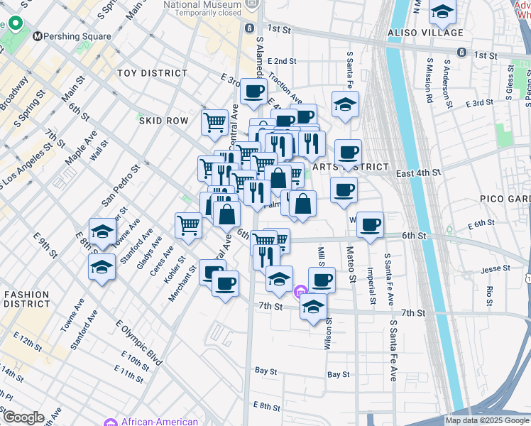 map of restaurants, bars, coffee shops, grocery stores, and more near 570 South Alameda Street in Los Angeles