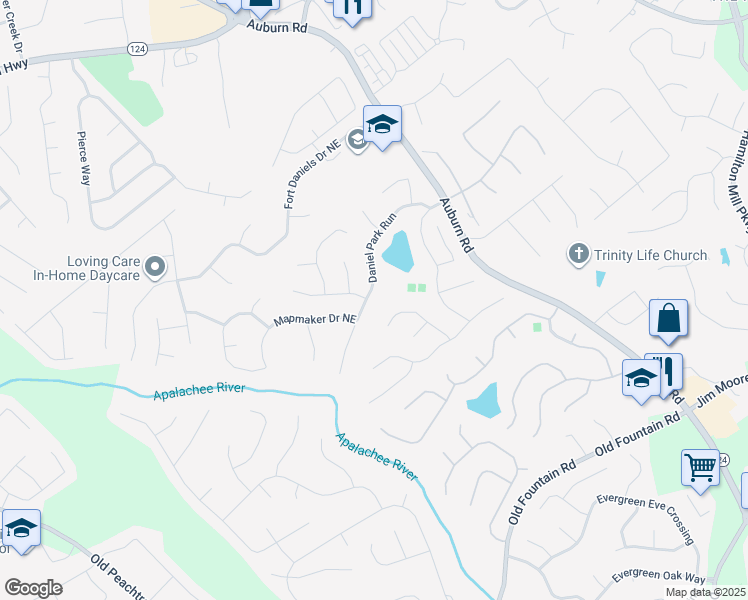 map of restaurants, bars, coffee shops, grocery stores, and more near 2765 Daniel Park Run in Dacula