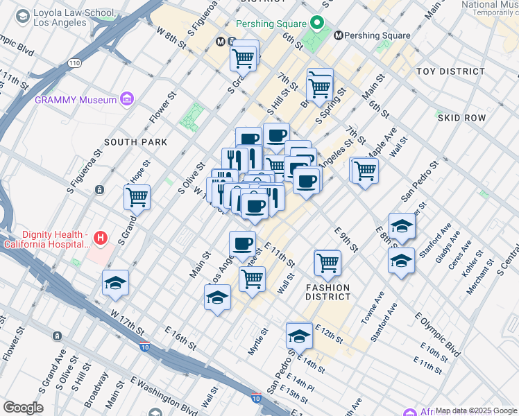 map of restaurants, bars, coffee shops, grocery stores, and more near 1027 South Los Angeles Street in Los Angeles