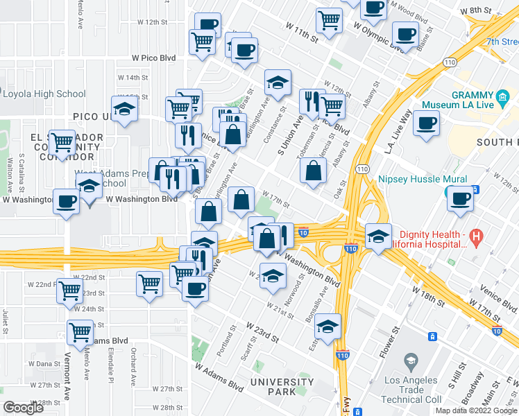 map of restaurants, bars, coffee shops, grocery stores, and more near 1035 West 18th Street in Los Angeles