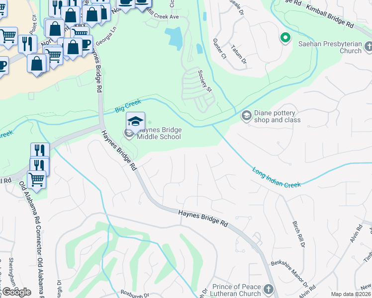 map of restaurants, bars, coffee shops, grocery stores, and more near 10655 Haynes Forest Drive in Alpharetta