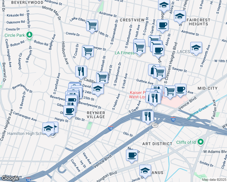 map of restaurants, bars, coffee shops, grocery stores, and more near 8822 Cadillac Avenue in Los Angeles