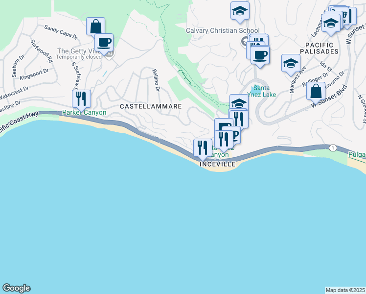 map of restaurants, bars, coffee shops, grocery stores, and more near 17504 Castellammare Drive in Los Angeles