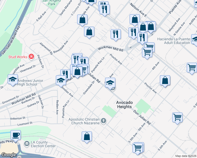 map of restaurants, bars, coffee shops, grocery stores, and more near 13714 Don Julian Road in La Puente