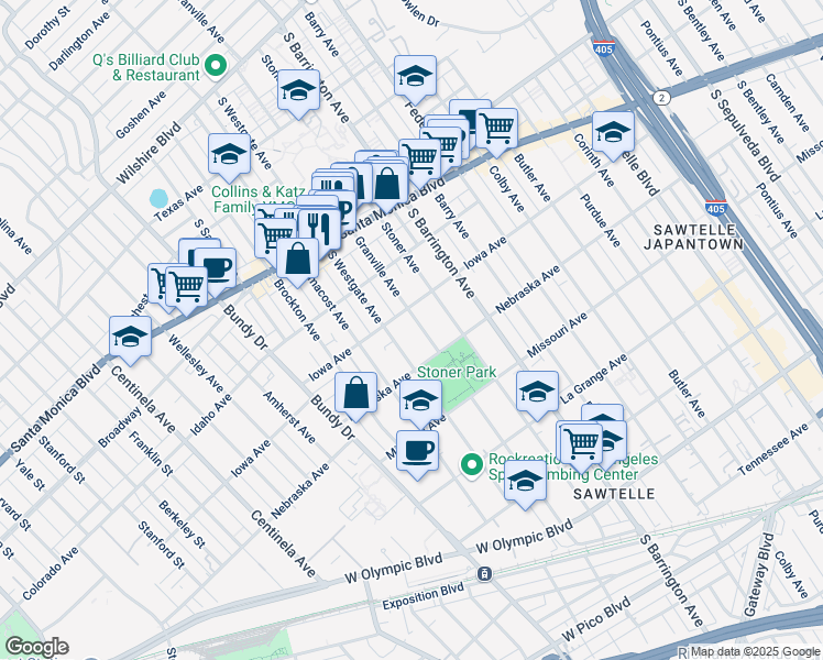 map of restaurants, bars, coffee shops, grocery stores, and more near 1721 Granville Avenue in Los Angeles