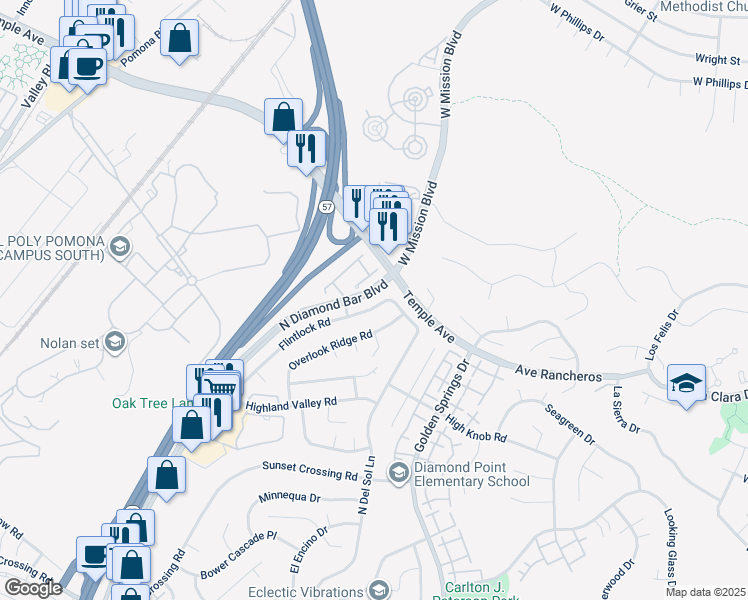 map of restaurants, bars, coffee shops, grocery stores, and more near 1241 Flintlock Road in Diamond Bar