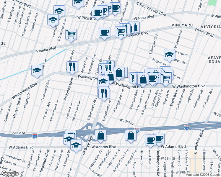 map of restaurants, bars, coffee shops, grocery stores, and more near 4933 20th Street in Los Angeles