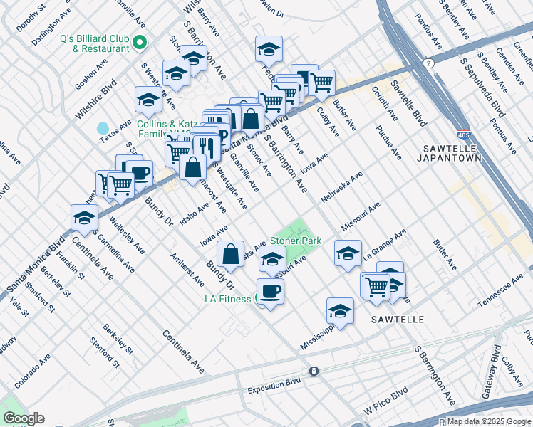 map of restaurants, bars, coffee shops, grocery stores, and more near 1721 Granville Avenue in Los Angeles