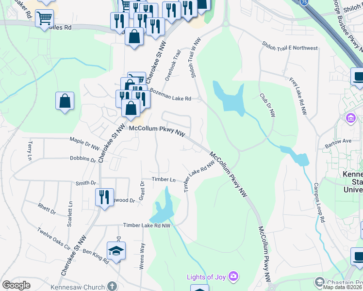 map of restaurants, bars, coffee shops, grocery stores, and more near 7 Duffers Court in Kennesaw