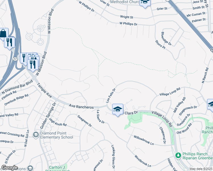 map of restaurants, bars, coffee shops, grocery stores, and more near 55 Los Coyotes Drive in Pomona