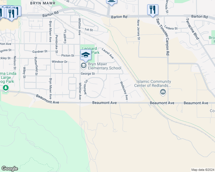 map of restaurants, bars, coffee shops, grocery stores, and more near 26480 Veronica Court in Loma Linda