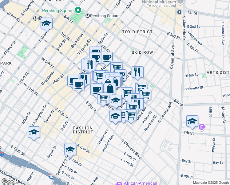 map of restaurants, bars, coffee shops, grocery stores, and more near 748 1/2 San Pedro Street in Los Angeles
