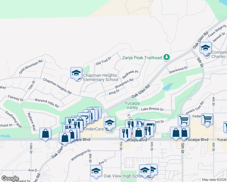 map of restaurants, bars, coffee shops, grocery stores, and more near 33810 King Drive in Yucaipa