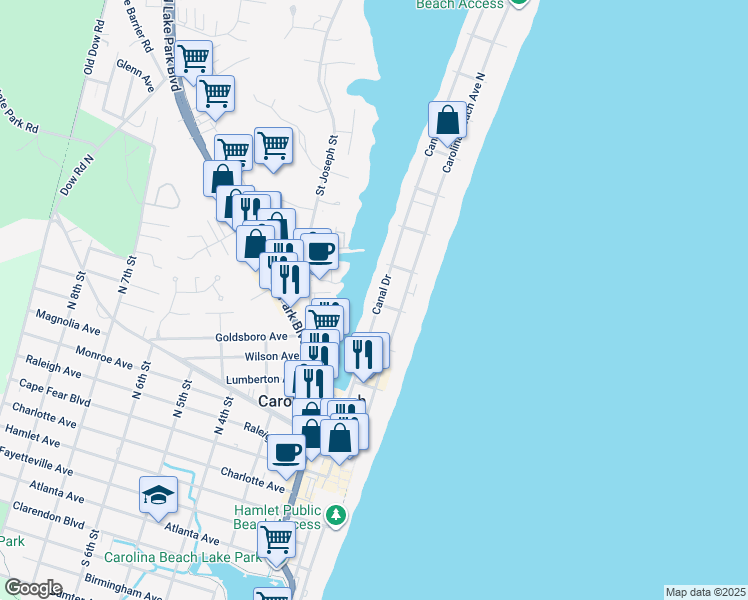 map of restaurants, bars, coffee shops, grocery stores, and more near 501 Canal Drive in Carolina Beach
