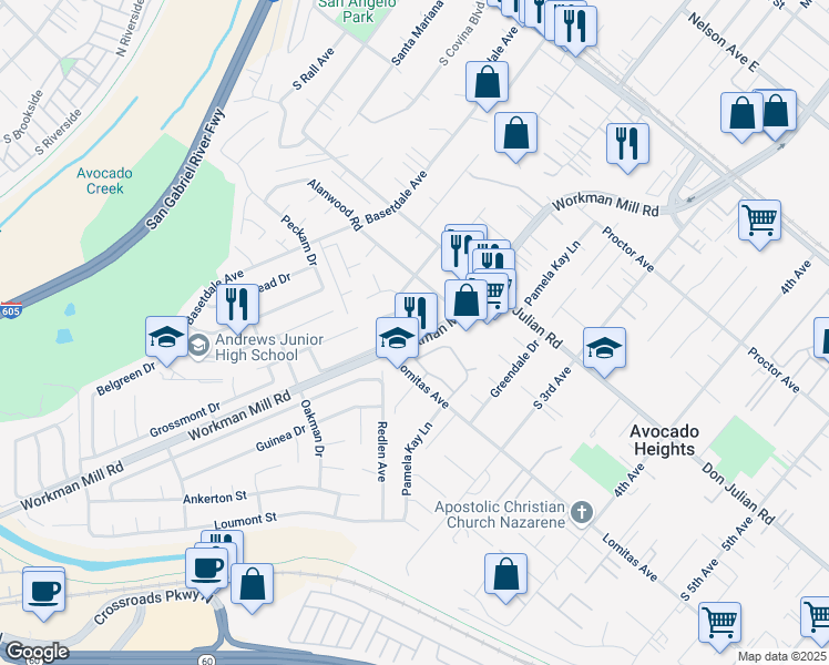 map of restaurants, bars, coffee shops, grocery stores, and more near 13532 Deepriver Drive in Whittier