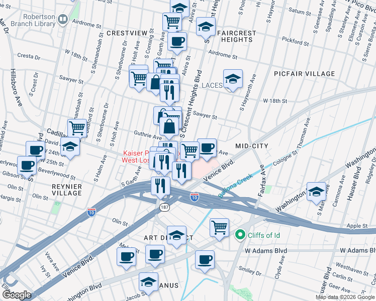 map of restaurants, bars, coffee shops, grocery stores, and more near 2011 Stearns Drive in Los Angeles