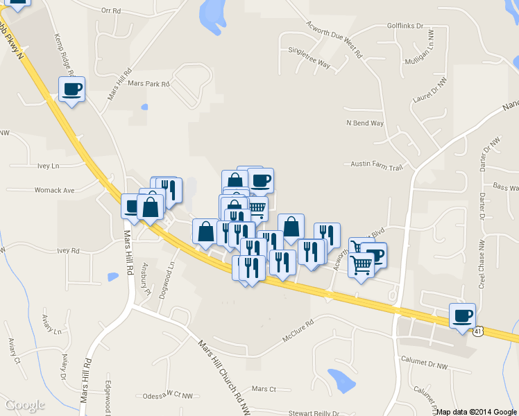 map of restaurants, bars, coffee shops, grocery stores, and more near 3378 Cobb Pkwy in Atlanta