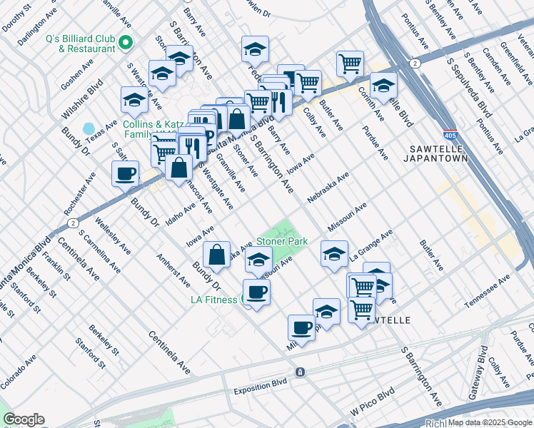 map of restaurants, bars, coffee shops, grocery stores, and more near 1734 Granville Avenue in Los Angeles