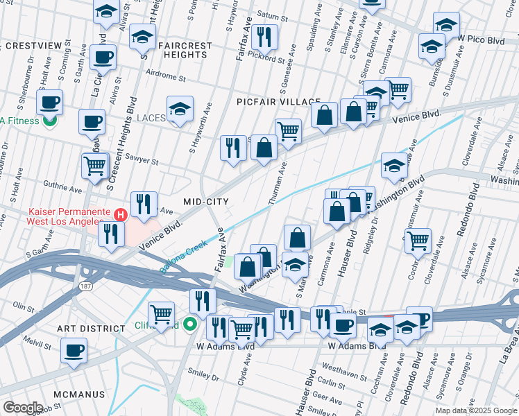 map of restaurants, bars, coffee shops, grocery stores, and more near 2036 South Spaulding Avenue in Los Angeles