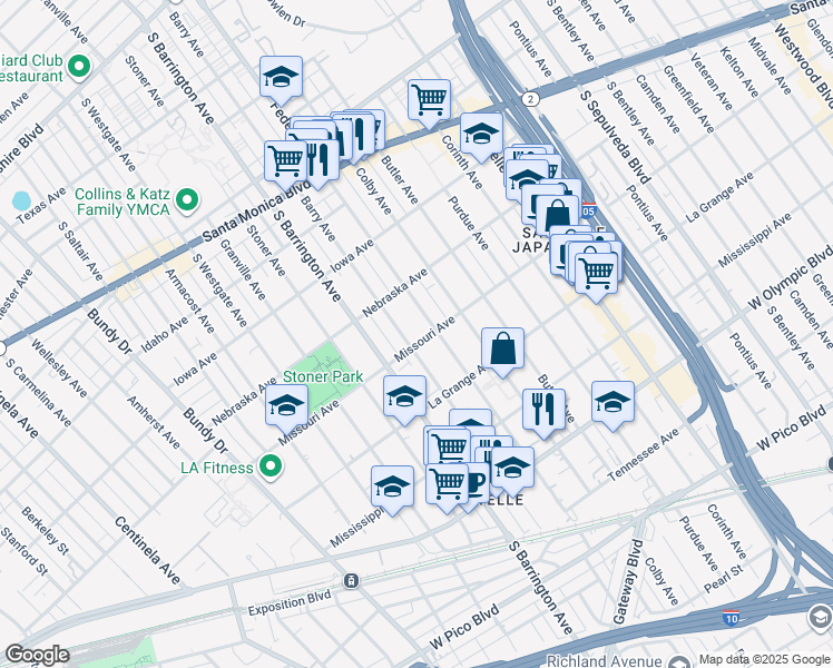 map of restaurants, bars, coffee shops, grocery stores, and more near 11635 Missouri Avenue in Los Angeles