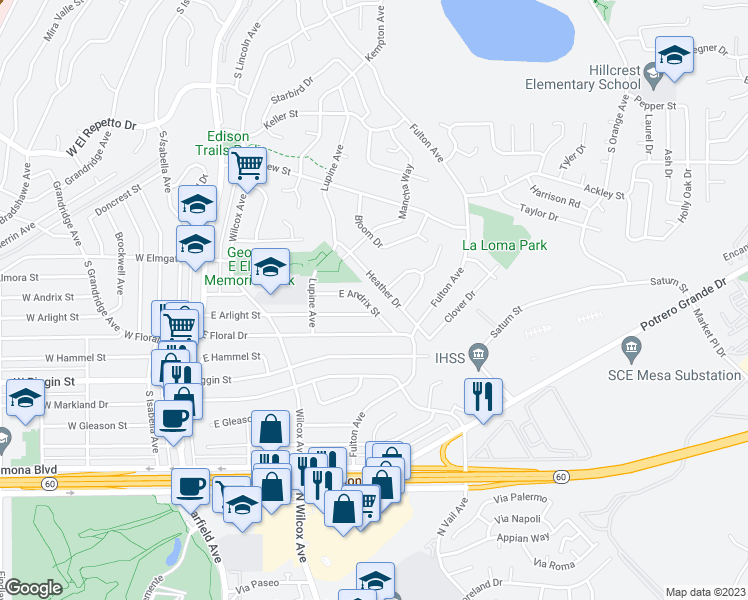 map of restaurants, bars, coffee shops, grocery stores, and more near 357 East Andrix Street in Monterey Park