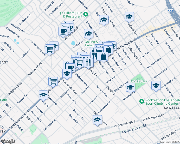 map of restaurants, bars, coffee shops, grocery stores, and more near 1529 South Bundy Drive in Los Angeles