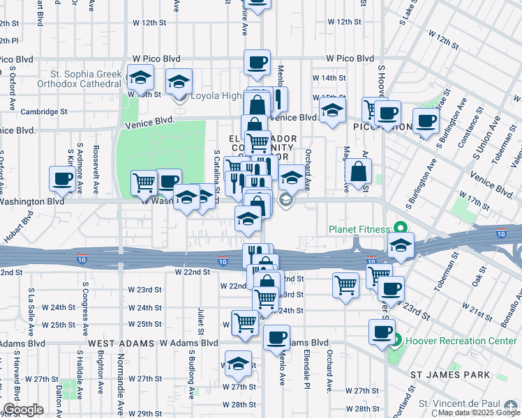 map of restaurants, bars, coffee shops, grocery stores, and more near 1909 Vermont Avenue in Los Angeles