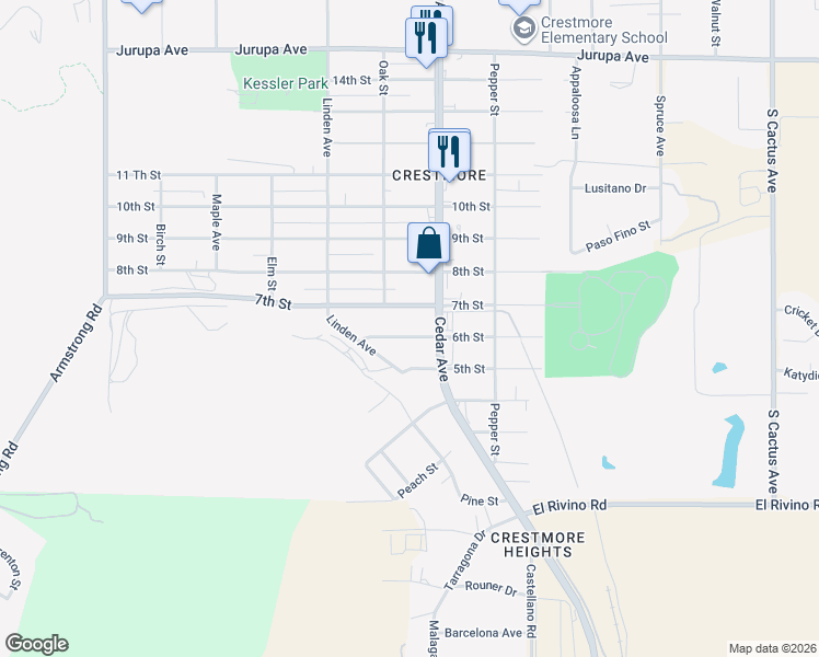 map of restaurants, bars, coffee shops, grocery stores, and more near 18650 6th Street in Bloomington