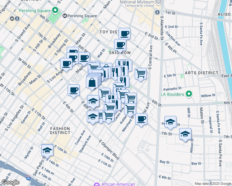 map of restaurants, bars, coffee shops, grocery stores, and more near 802 East 7th Street in Los Angeles