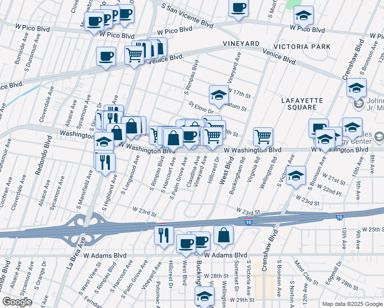 map of restaurants, bars, coffee shops, grocery stores, and more near 4632 West Washington Boulevard in Los Angeles