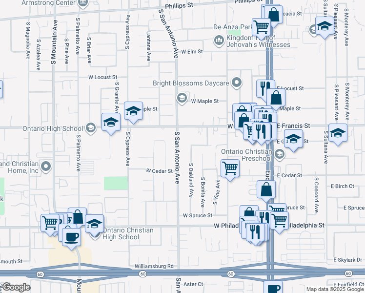 map of restaurants, bars, coffee shops, grocery stores, and more near 1849 South San Antonio Avenue in Ontario