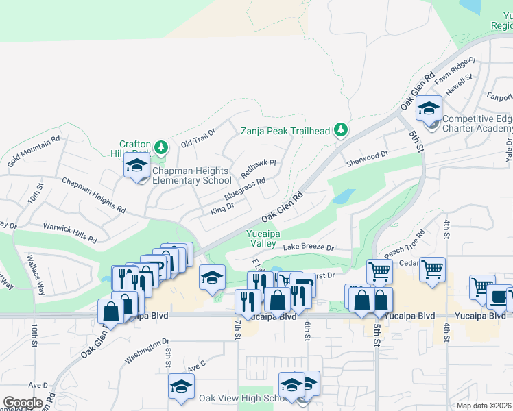 map of restaurants, bars, coffee shops, grocery stores, and more near 33874 Cansler Way in Yucaipa