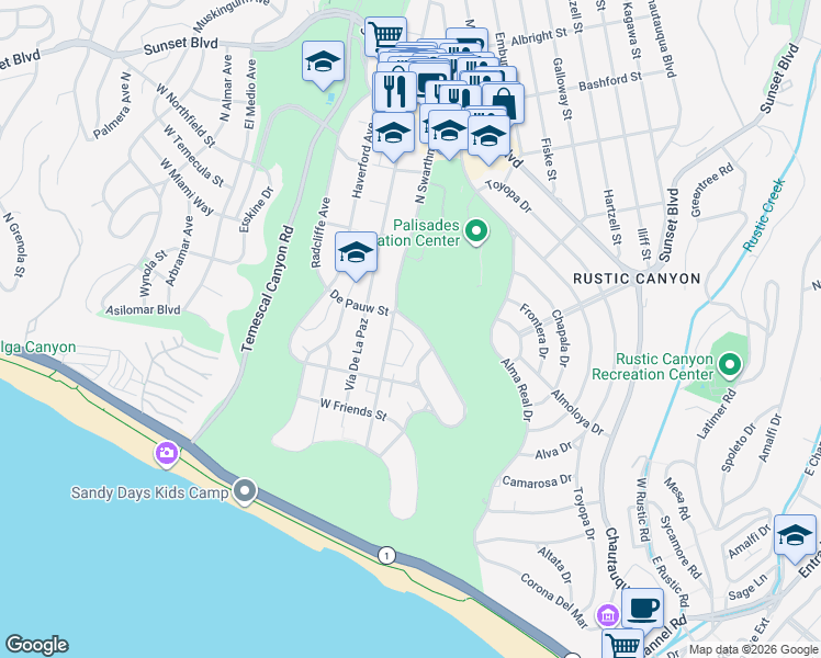 map of restaurants, bars, coffee shops, grocery stores, and more near 15328 De Pauw Street in Los Angeles