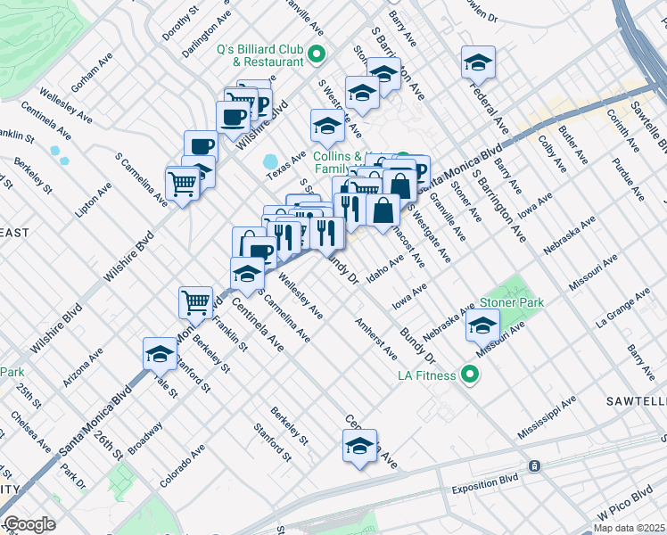 map of restaurants, bars, coffee shops, grocery stores, and more near 1529 South Bundy Drive in Los Angeles