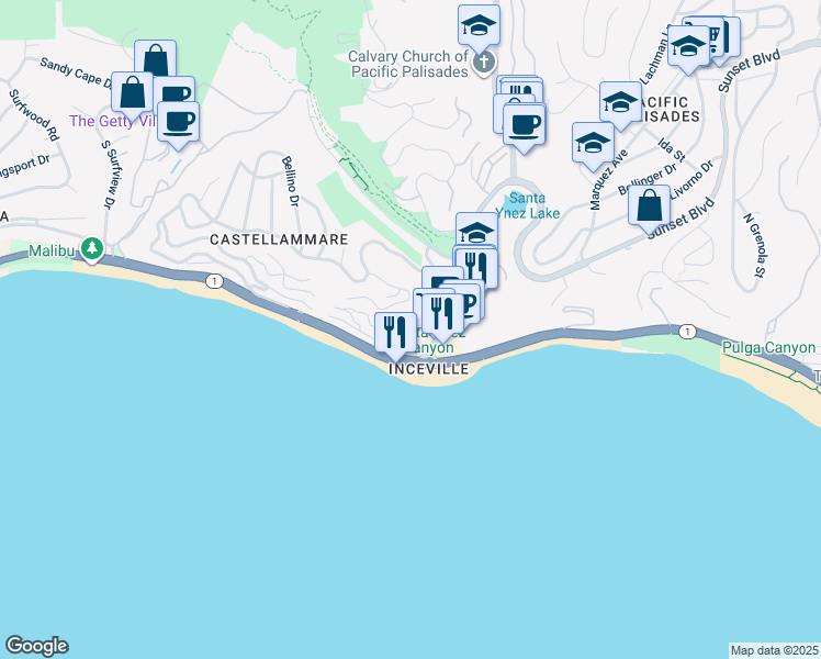 map of restaurants, bars, coffee shops, grocery stores, and more near 17325 Castellammare Drive in Los Angeles