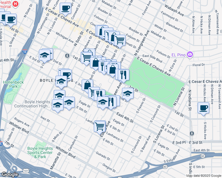 map of restaurants, bars, coffee shops, grocery stores, and more near 142 South Savannah Street in Los Angeles
