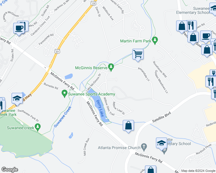 map of restaurants, bars, coffee shops, grocery stores, and more near 3391 Lake McGinnis Drive in Suwanee