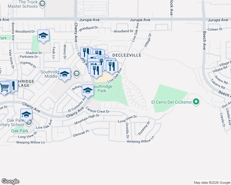 map of restaurants, bars, coffee shops, grocery stores, and more near 11804 Bronze Ln in Fontana
