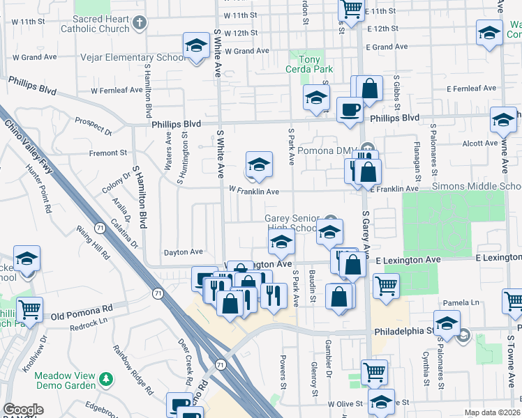 map of restaurants, bars, coffee shops, grocery stores, and more near 1755 Warwick Street in Pomona