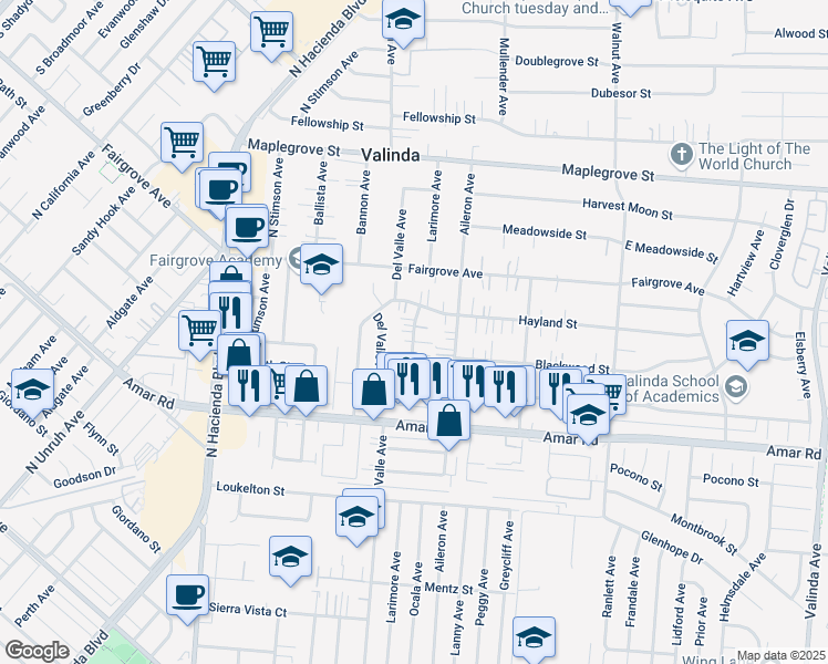 map of restaurants, bars, coffee shops, grocery stores, and more near 1118 Larimore Avenue in La Puente