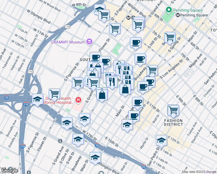 map of restaurants, bars, coffee shops, grocery stores, and more near 1150 South Olive Street in Los Angeles