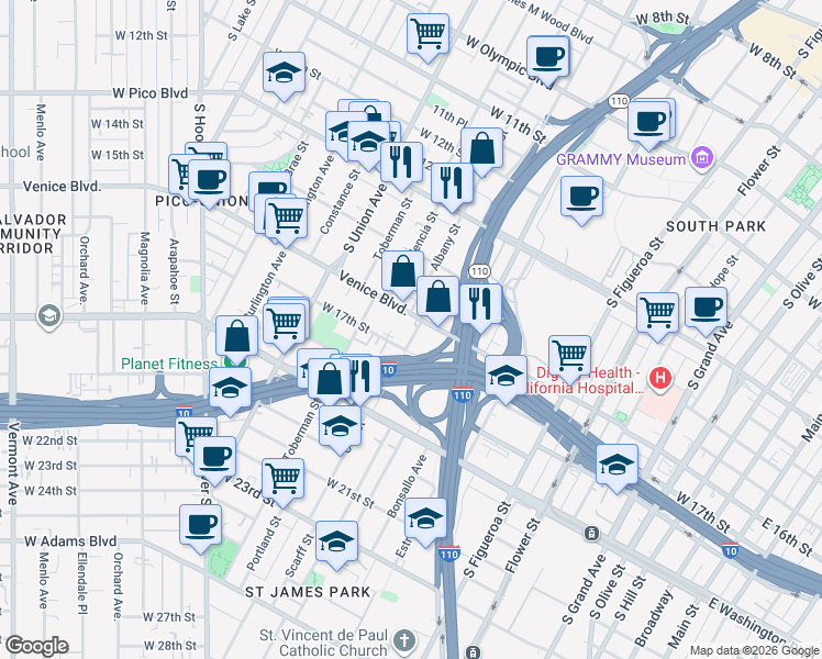 map of restaurants, bars, coffee shops, grocery stores, and more near 913 West 17th Street in Los Angeles