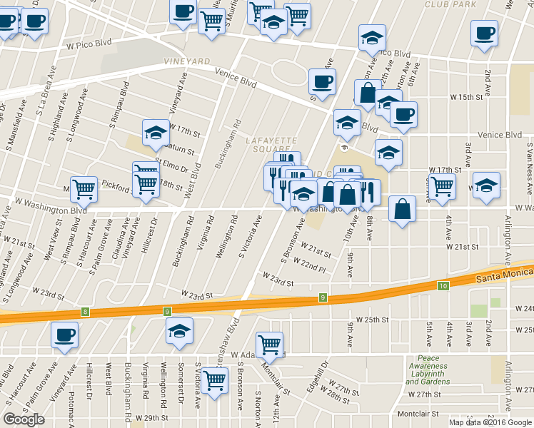 map of restaurants, bars, coffee shops, grocery stores, and more near 1902 South Victoria Avenue in Los Angeles