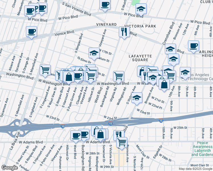 map of restaurants, bars, coffee shops, grocery stores, and more near 1908 Buckingham Road in Los Angeles