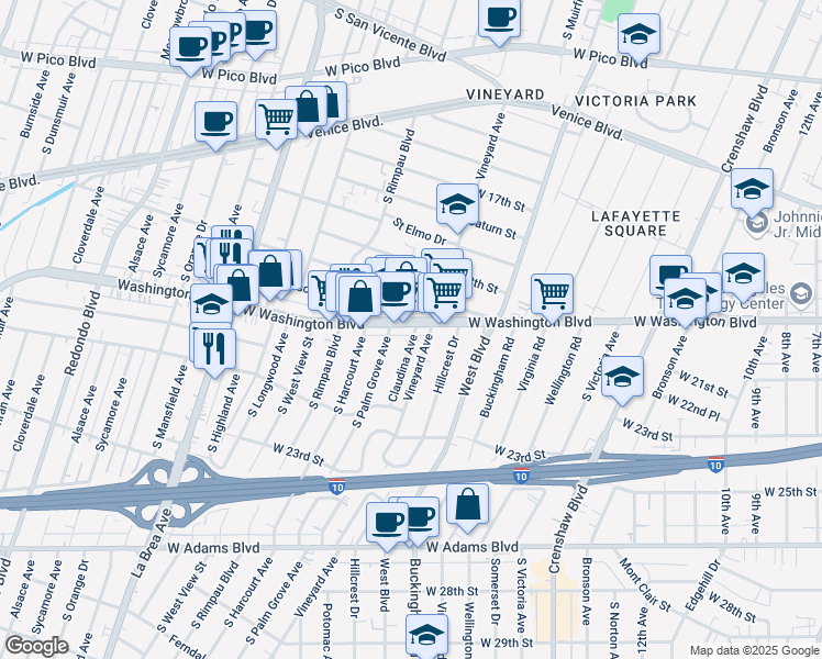 map of restaurants, bars, coffee shops, grocery stores, and more near 4632 West Washington Boulevard in Los Angeles